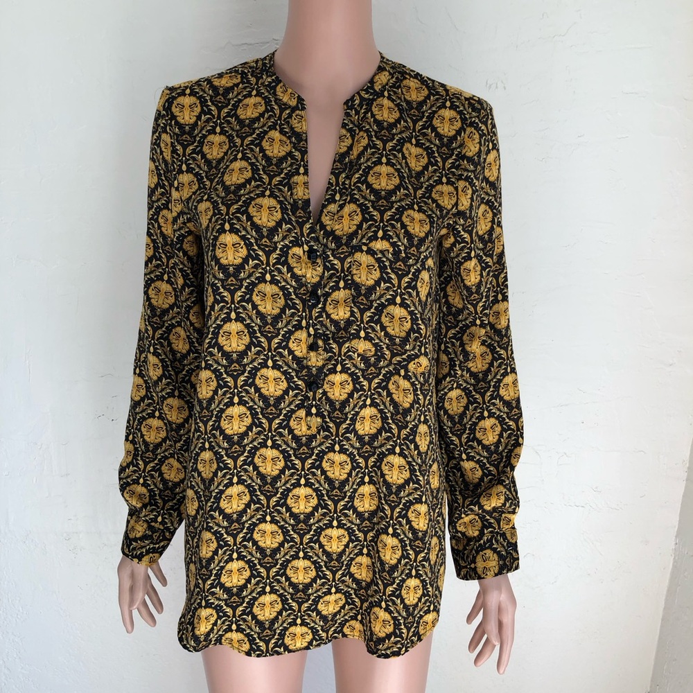 Zara Women's Size S Black/Gold Floral Pattern Shirt V-Neck 1/2 Button-Down Top